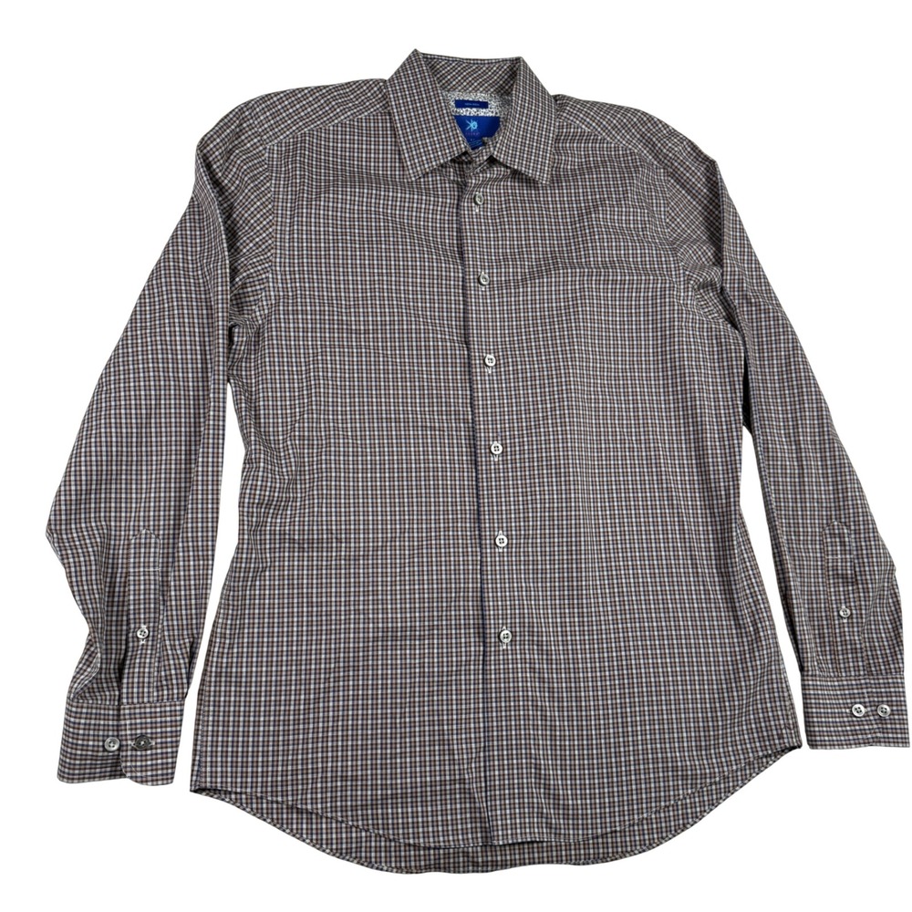 Egara Mens Medium Brown Blue Micro Check Non-Iron Cotton Button‎ Down Shirt M